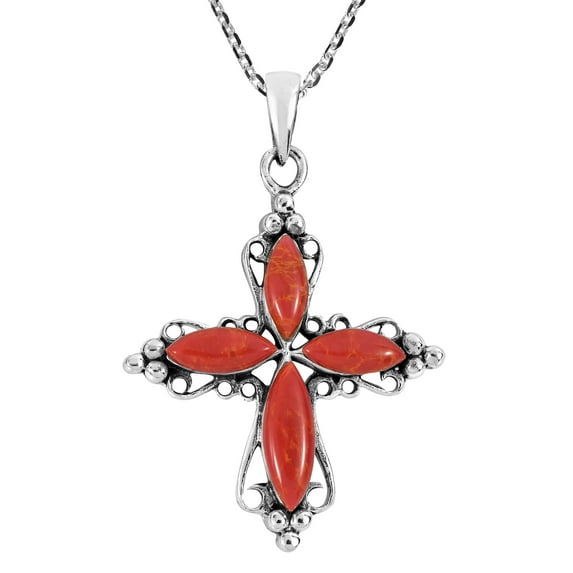 Elegant Swirling Sterling Silver Cross w/ Red Synthetic Coral Inlay Necklace