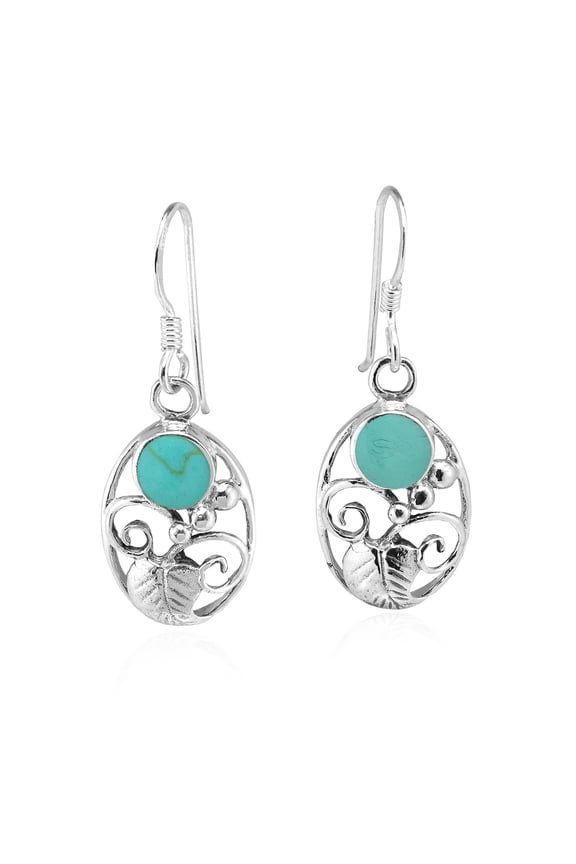 Elegant Swirling Vines Sterling Silver Oval w/ Green Turquoise Dangle Earrings