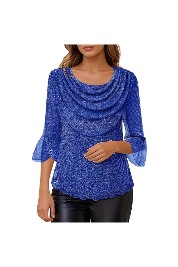 Elegant T Shirt With Draped Neckline And Sheer Mesh Sleeves Soft Breathable Casual Blouse For Daily Wear