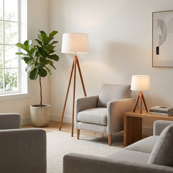 Decorative Wood Tripod Table and Floor Lamp for Home Decor - Modern Accent for Living Room and Office Desk - Ideal for Bedroom Nightstand or Corner Nook - Set of 2, 59", 26", Brown & White