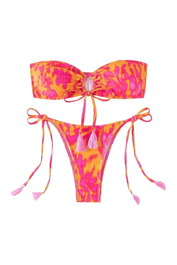 Elegant Tankini Set for Women Trendy Beachwear with Front Tie Design for Vacation and Summer Bandeau Top String Bottom Orange L