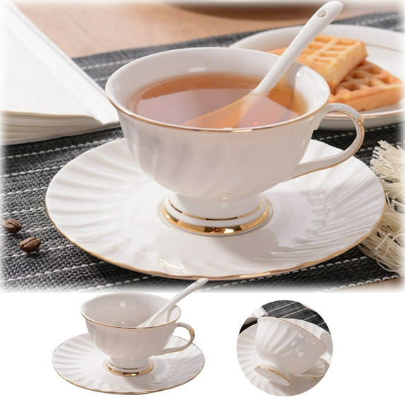 Elegant Tea Cup Set 6OZ with Saucers, Porcelain Coffee Cups with Gold Trim, Vintage Style Tea Party Set for Home, Café & Special Occasions, Includes Spoon, Easy to Clean
