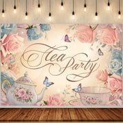 Elegant Tea Party Banner with Butterflies & Teapot Design - Durable Polyester Backdrop for Home Decor, Room Decorations, and Photo Props, Perfect for Tea-Themed Celebrations