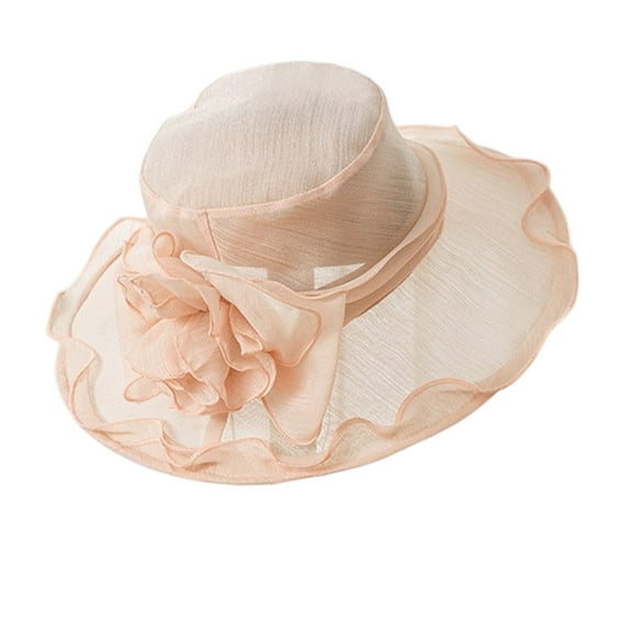 Elegant Tea Party Hat Wide Brim Sun Protection Faux Linen Dress Hat Garden Wedding Event Accessories 18.9x3.94in(Pink)