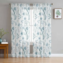 Elegant Teal Flowers Sheer Curtains 84 Inches Long 2 Panels Set, Window Sheer Curtains for Living Room/Bedroom, Spring Floral Botanical Summer Light Filtering Rod Pocket Curtain 52'' x 84'' x 2