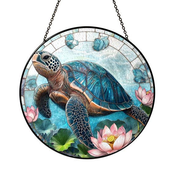 Elegant Teal Ocean Turtle and Lotus Flowers Summer Suncatcher Glass