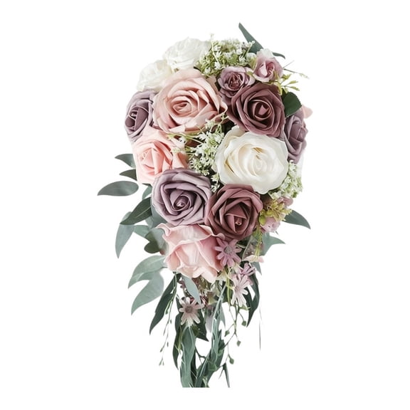 Elegant Teardrop Bridal Bouquet Silk Flowers Artificial Wedding Bouquet For Bride, Waterfall Design With Roses And Ribbons For Ceremony Photography Props, Blue(Pink)