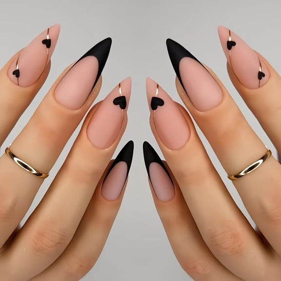 Elegant Teardrop Matte Black Press on Nails Set - 24 Pieces with Gold Thread for Gothic & French Style