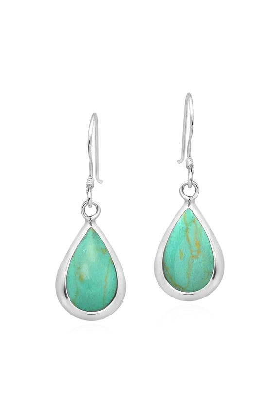 Elegant Teardrops of Green Turquoise Stone Inlay Sterling Silver Dangle Earrings