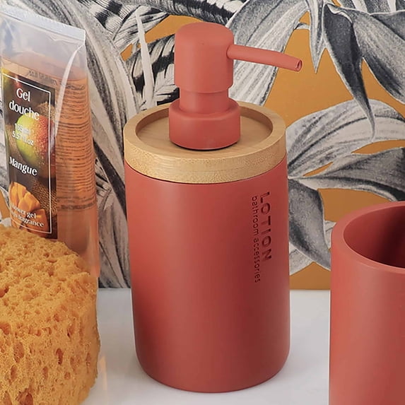 Elegant Terracotta Soap Dispenser - Polyresin and Bamboo Design, Refillable Liquid Pump
