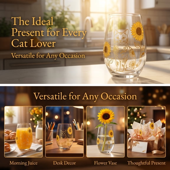 Elegant Texture Glass Cat Lover Tumbler, Sparkling Gold Rim Stemless Floral Cat Art Glass Cup, Premium Thick Food Safe High Clarity Crystal Glass, Decorative Drinkware for Daily Kitchen yellow