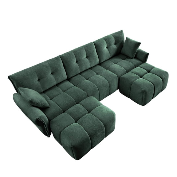 Elegant Textured Chenille 3 Seater Sofa Set with Ottoman and Throw Pillows, Solid Wood Frame, Green