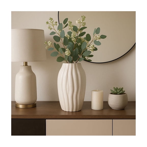 Elegant Textured Vase for Living Room Decor - Contemporary Flower Vase Ideal for Home, Room, and Dining Table Decor - Stylish Decorative Vase for Bedroom, House, and Office Accent - 14", Ivory