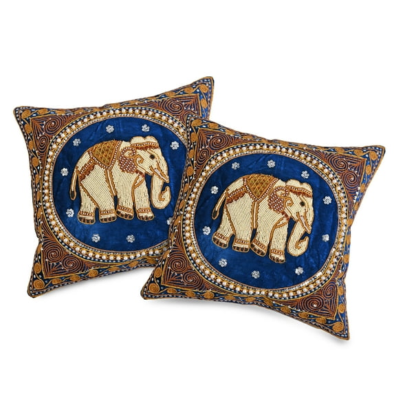 Elegant Thai Elephant Velvet and Pearls Set of 2 Square Pillow Covers - Blue