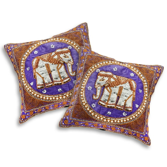 Elegant Thai Elephant Velvet and Pearls Set of 2 Square Pillow Covers - Purple