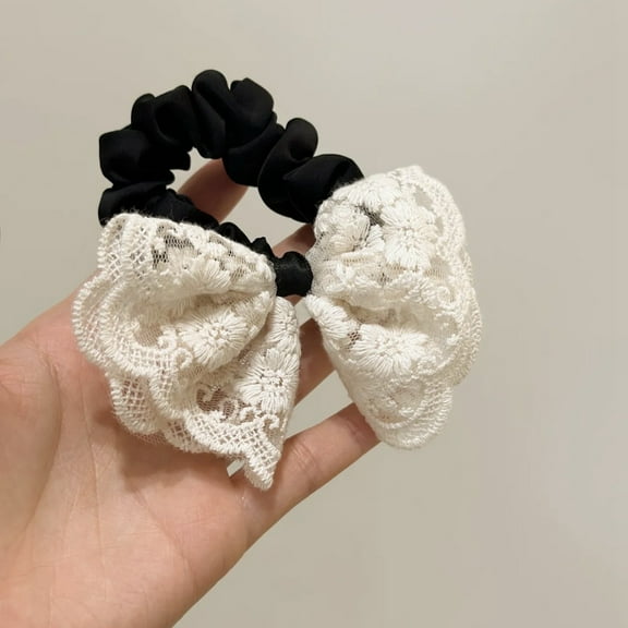 Elegant Thousand Gold Lace Bow Hair Rope - Korean Style White Fabric Elastic Rubber Band for Fashionable Hair Styling