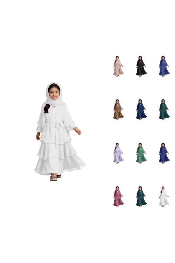 Elegant Three-Layer Chiffon Dress, Girls' Abaya with Hijab, Layered Kaftan Robe for Celebrations and Prayer