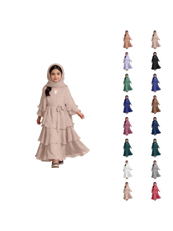 Elegant Three Layer Chiffon Dress with Waistband and Headscarf for Girls, Kids Abayas Hijab Dress, Layered Islam Kaftan Robe Open Front Cardigan Prayer Wear