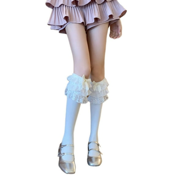 Elegant Tiered Lace Ruffle Calf Socks Sweet Bowknot Wing Princess Ankle Frilly Trim Dress Socks for Women and Girls