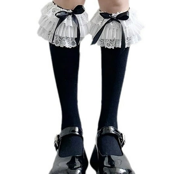 Elegant Tiered Lace Ruffle Calf Socks Sweet Bowknot Wing Princess Ankle Frilly Trim Dress Socks for Women and Girls