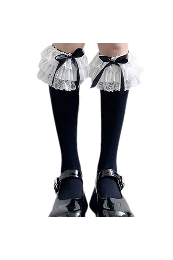 Elegant Tiered Lace Ruffle Calf Socks Sweet Bowknot Wing Princess Ankle Frilly Trim Dress Socks for Women and Girls