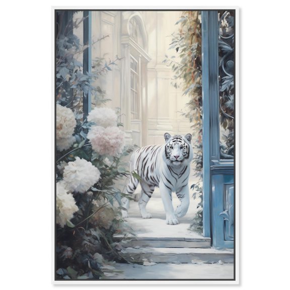 Elegant Tiger Storefront Canvas Fashion Designer Wall Art by Art Remedy, White Frame, 16" x 24"