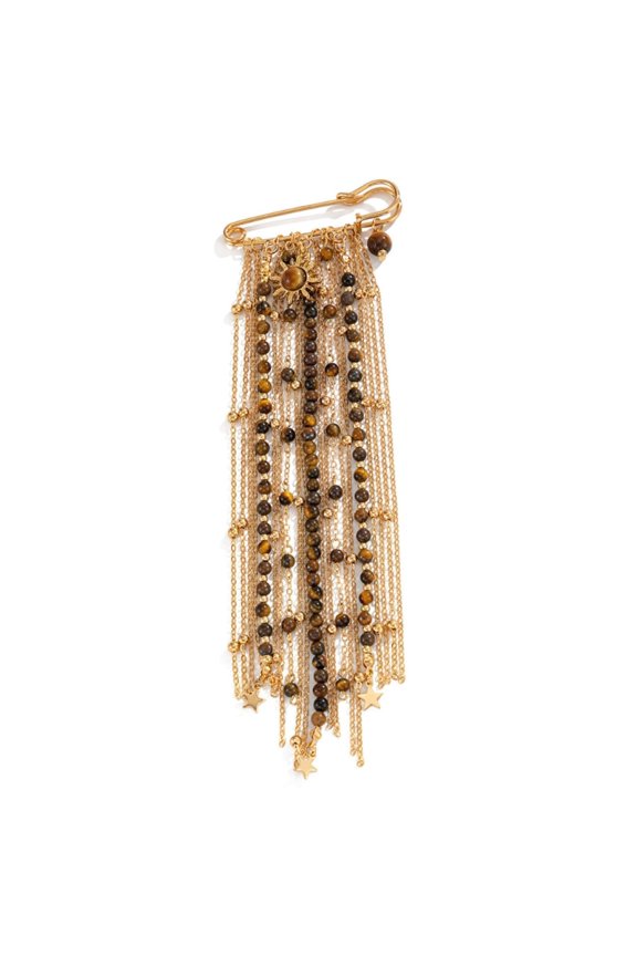 Elegant Tigers Eye Stone Beaded Brooch With Layered Chains And Fringe Detail Stylish Layering Jewelry For Any Occasion