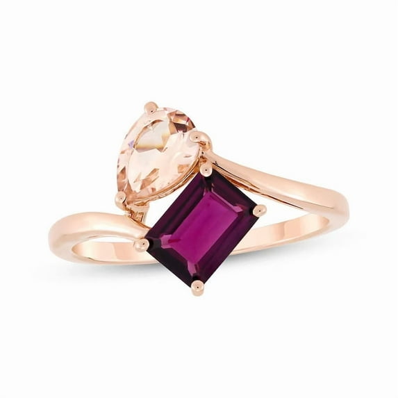 Elegant Toi et Moi Emerald-Cut Lab-Created Rhodolite Garnet & Pear-Shaped Morganite Engagement Ring in 925 Sterling Silver – Perfect Mother’s Day Gift