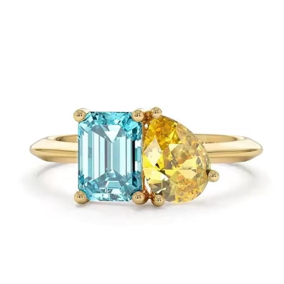 Elegant Toi et Moi Ring with Emerald Cut Aquamarine and Pear Cut Citrine 14k Yellow Gold Plated Wedding Ring Modern Two-Stone Statement Ring