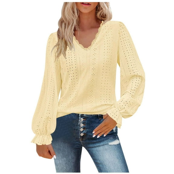 Elegant Tops for Women Casual Loose Long Sleeve Lace Blouse Sexy Fashion V Neck Slimming Pullover Ladies Gentle Solid Embroidery Printing Hollow Out Shirt