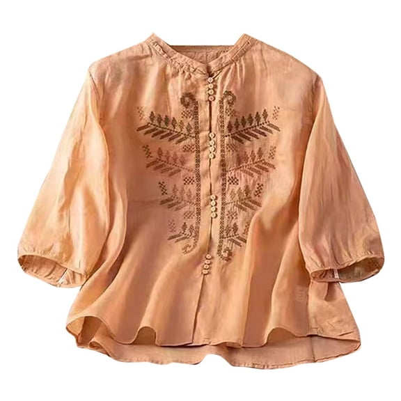 Elegant Tops for Women, Yigetop Natural Style Embroidery Versatile Small Shirt Artistic Retro Shirt Women's Loose Casual Top Plus Size Long Sleeve Tops orange 2XL