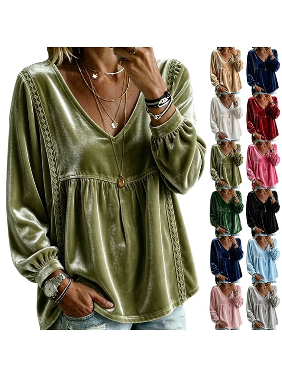 Elegant Tops for Women Velvet Long Sleeve V Neck Empire Waist Babydoll Blouse Loose Fit Gathered Front Lace Trim Winter Casual Womens Going Out Top