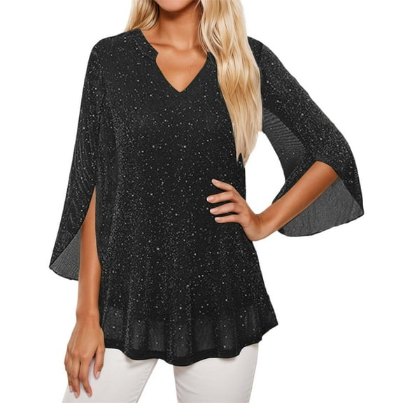 Elegant Tops for Womens with Thread Mesh Yoke and Petal Design Tshirts 3/4 Sleeve V Neck Lightweight Casual Blouse Layer Shirts A-Black XXL