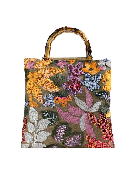 Elegant Tote Bag - Sequin-Embroidered Cotton Linen Bag Stylish Summer Beach Square Shoulder Handbag for Women's Vacation Essentials