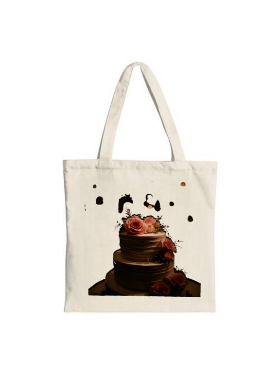 Elegant Tote Bag featuring a three - tiered cake with pink roses and black accents perfect for parties travel and shopping