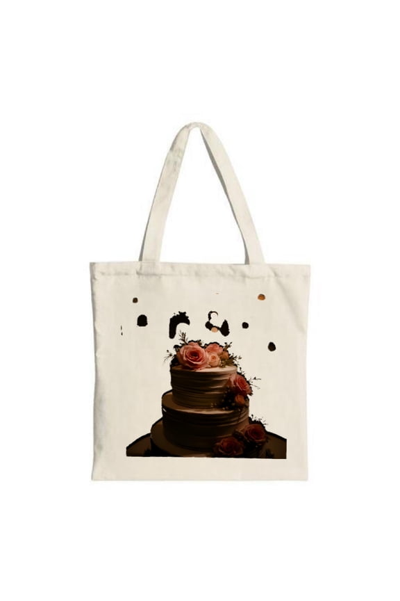 Elegant Tote Bag featuring a three - tiered cake with pink roses and black accents perfect for parties travel and shopping