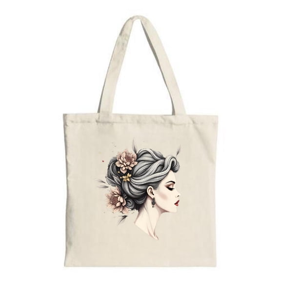 Elegant Tote Bag featuring a woman ' s profile with intricate floral patterns and stylish hair perfect for shopping travel and parties