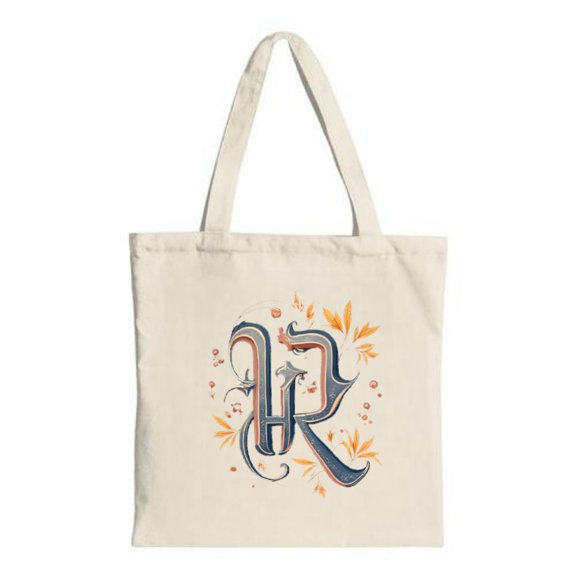 Elegant Tote Bag with Ornate ' R ' Design Surrounded by Stylized Orange Leaves & Dots Perfect for Shopping Travel & Parties