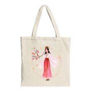 Elegant Tote Bag with Traditional Hanbok Design Woman in Pink & White with Golden Crown Surrounded by Blossoms in Golden Circle