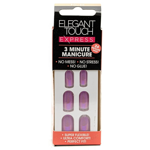 Elegant Touch Express 3 MINUTE MANICURE Iridescent Lilac: 24 Pre-Glued Nails 10 Sizes, Prep Wipe, Nail File