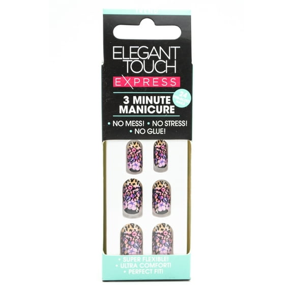 Elegant Touch Express 3 Minute Manicure Floral Leopard: 24 Pre-Glued Nails 10 Sizes, Prep Wipe, Nail File