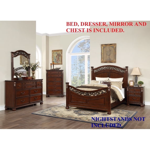 Elegant Traditional Cal King Bed Dresser Mirror Chest Brown Finish 4pc Set Bedroom Furniture Gorgeous Headboard FB