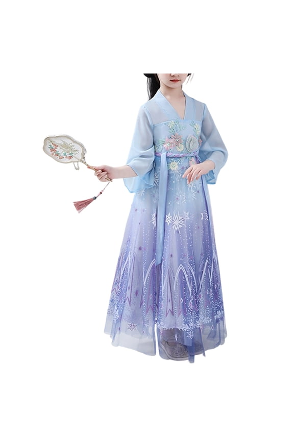 Elegant Traditional Chinese Hanfu Dress Set for Girls, Tang Dynasty Princess Dress with Floral Tulle for Graduation, Halloween, Easter, Christmas Festival
