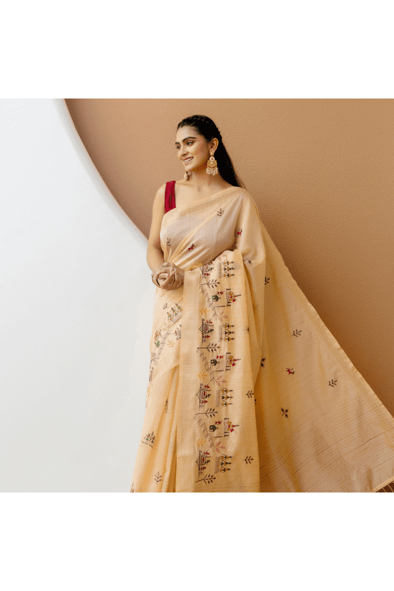 Elegant Traditional Indian Saree with Intricate Embroidery, Gold Jewelry Accents, and Graceful Ethnic Festive Wear Look