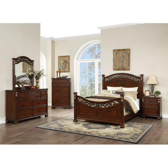 Elegant Traditional Queen Bed Dresser Mirror Nightstand Wooden Brown Finish 4pc Set Bedroom Furniture Gorgeous Headboard