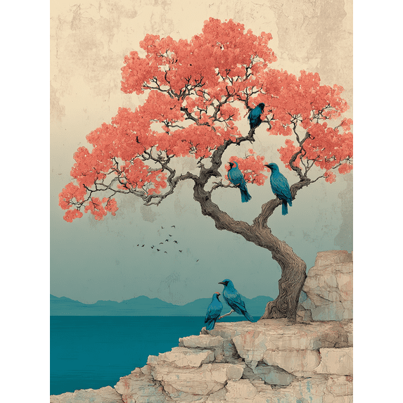 Elegant Tree Canvas Art, Pastel Nature Painting with Birds, Soothing Decor for Home Office