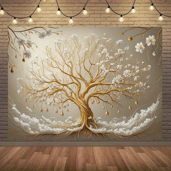 Elegant Tree of Life Backdrop White Floral Gold Leaves Beige Photography Background Luxurious Golden Branch Family Gathering Party Decorations Banner Supplies Photo Booth Props