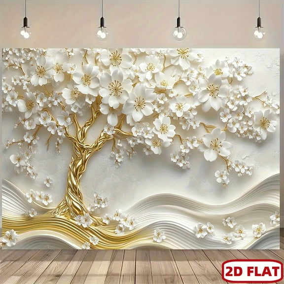 Elegant Tree of Life Backdrop White Floral Golden Tree Photography Background White Blooming Flowers Cascading Wave Texture Party Decorations Banner Supplies Photo Booth Props