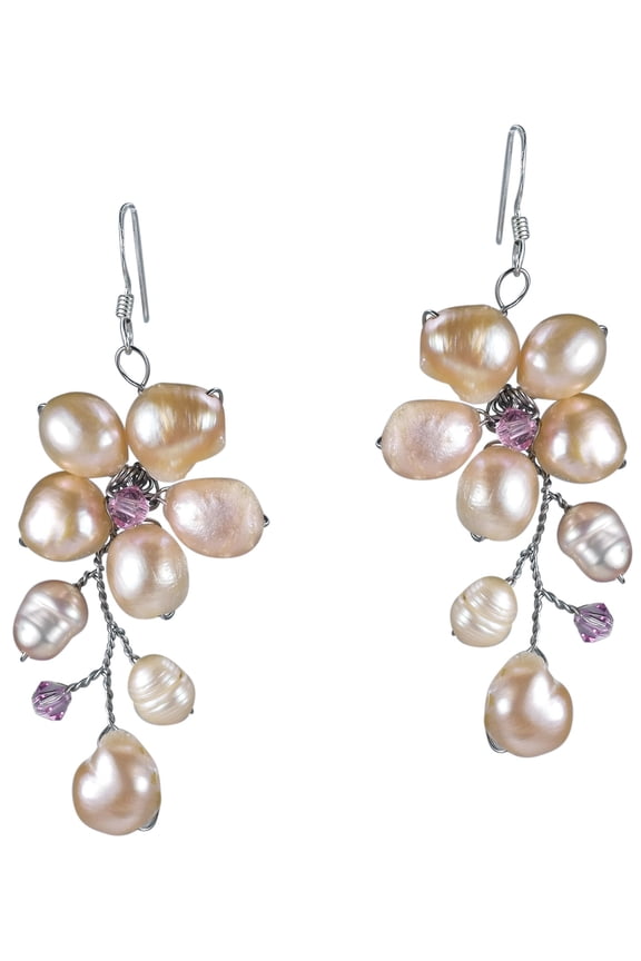 Elegant Tropical Flower Inspired Pink Pearl & Crystal Dangle Earrings