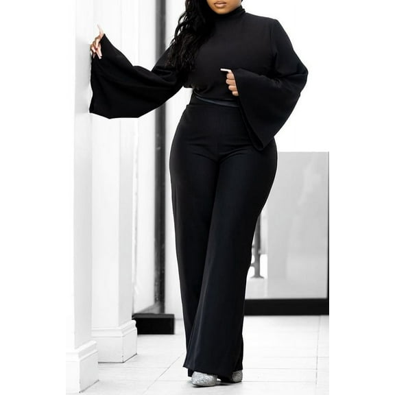 Elegant Trumpet Sleeve Top and Pants Set (L, Black)